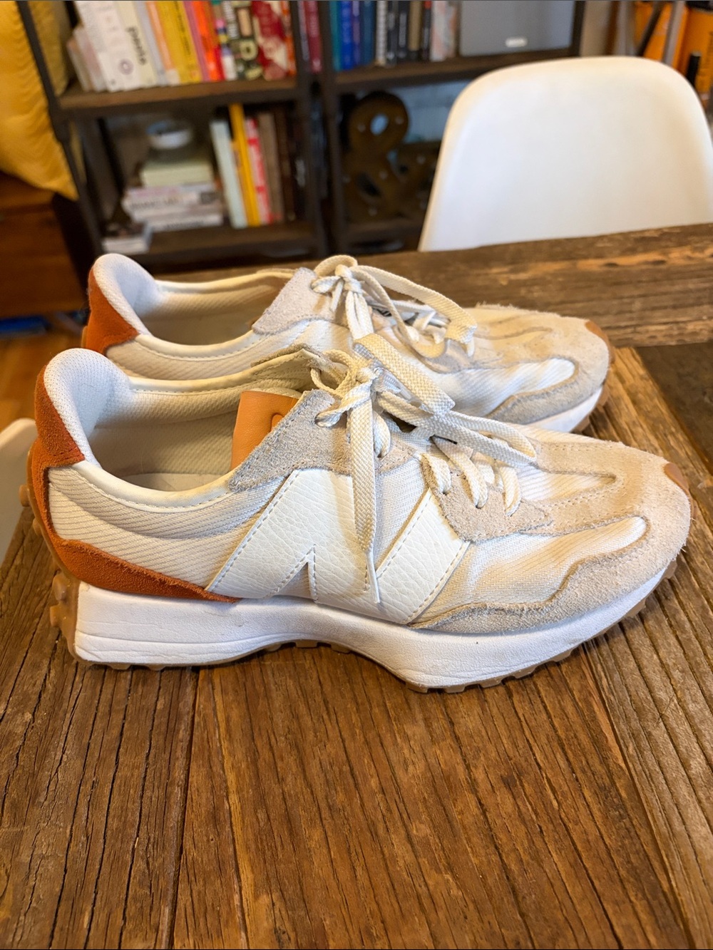 New Balance Women's White and Beige Sneakers with Rust Heel Accent